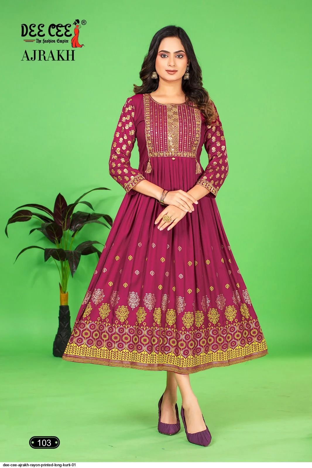 AJRAKH Rayon Printed Long Kurti 01 | Dee Cee Rayon Kurti for Women | Printed Rayon Long Kurti image 1