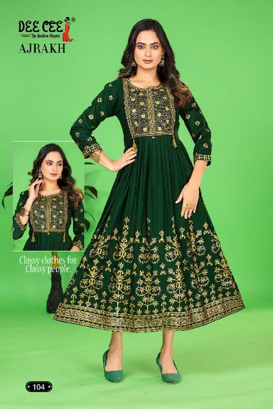 AJRAKH DESIGN RAYON FLARED LONG GOWN | Fully Stitched Wedding & Party Ethnic Wear by Dee Cee thumbnail 0