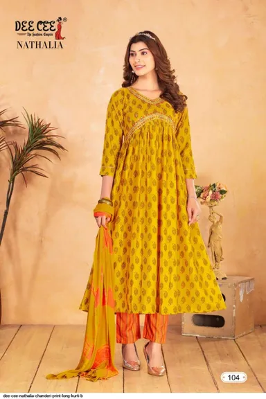 DEE CEE Nathalia Chanderi Print Long Kurti | Embroidered Kurti With Pant and Dupatta Set for Women thumbnail 0