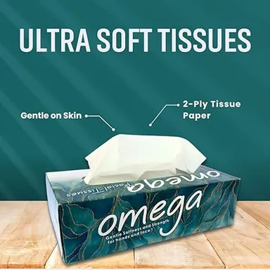 Facial Tissues 2-Ply Soft Gentle | Omega Virgin Paper Facial Tissue Box Pack of 4 for Home Office Car | Soft and Gentle Facial Tissues for Sensitive Skin thumbnail 1