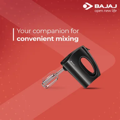 Bajaj HM‑01 250W Hand Blender with 3‑Speed Control| Stainless Steel Dough & Beater Attachments|Powerful Motor|Lightweight Kitchen Mixer for Cakes| Dough| Whipping & Beating | Black thumbnail 1