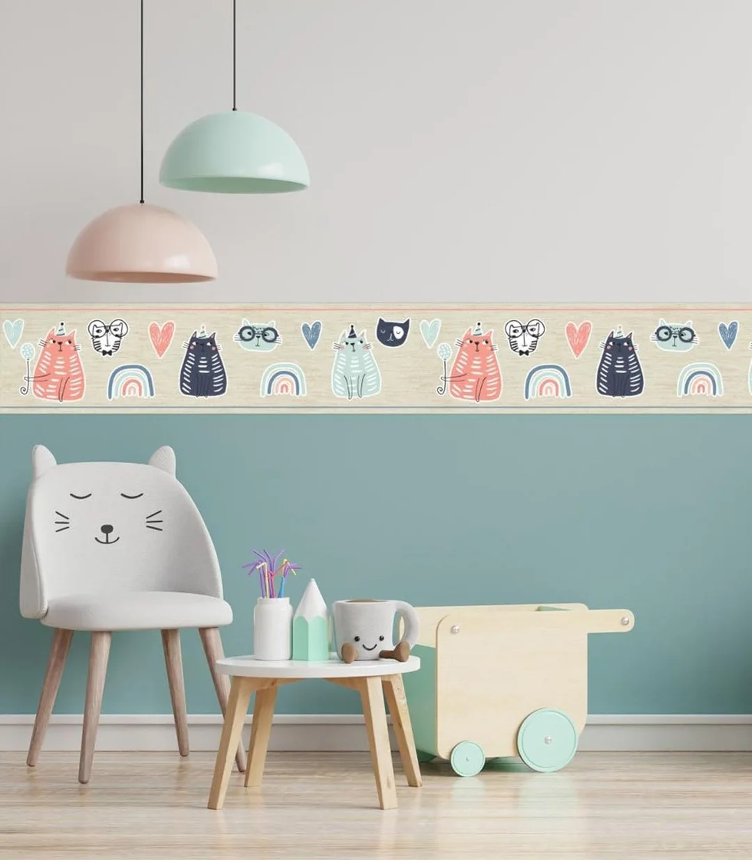 Peel and Stick Wallpaper Border MIRART | Playful Cats 5.25 inch Width 5 ft Length | Removable Cat Wall Border image 1