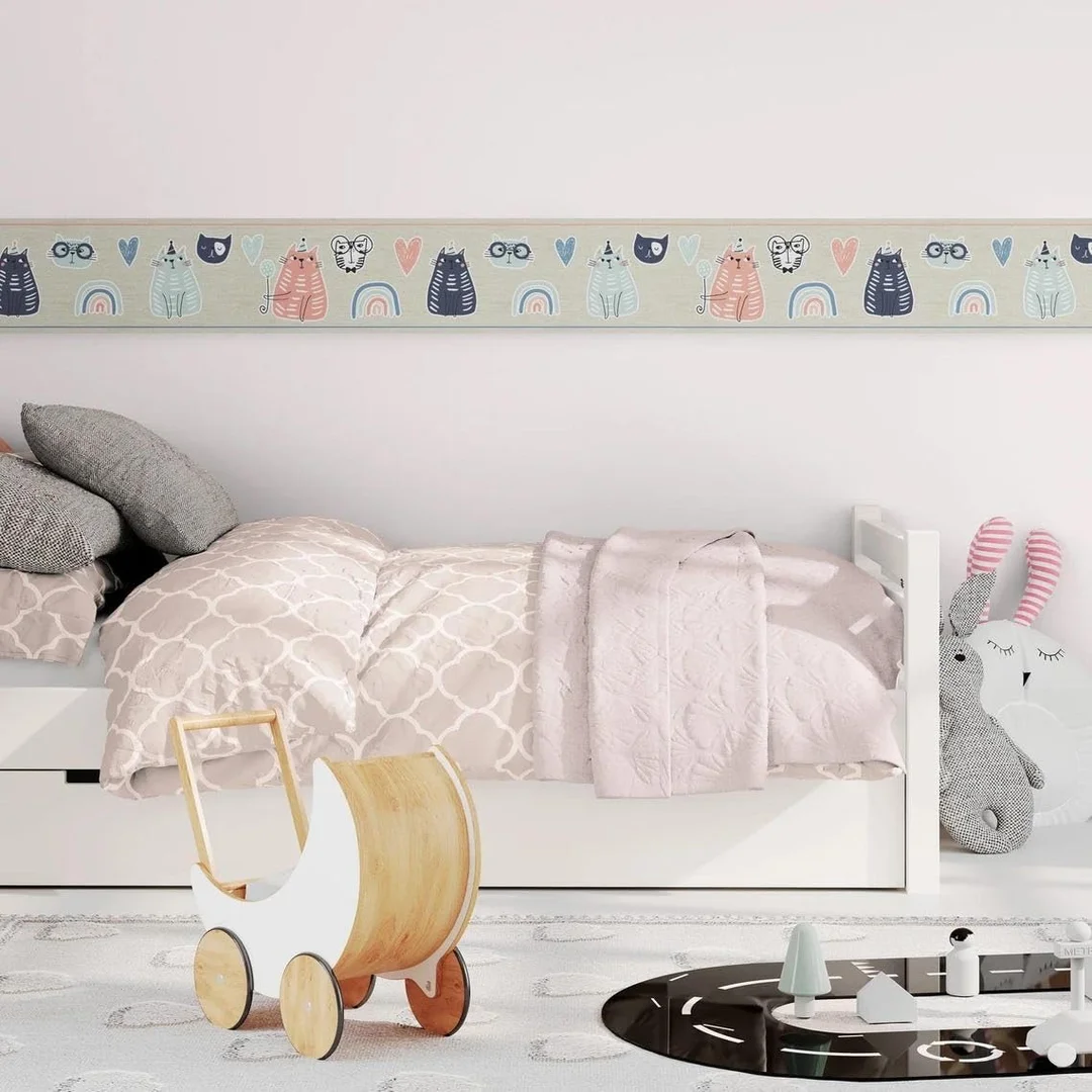 Peel and Stick Wallpaper Border MIRART | Playful Cats 5.25 inch Width 5 ft Length | Removable Cat Wall Border image 2