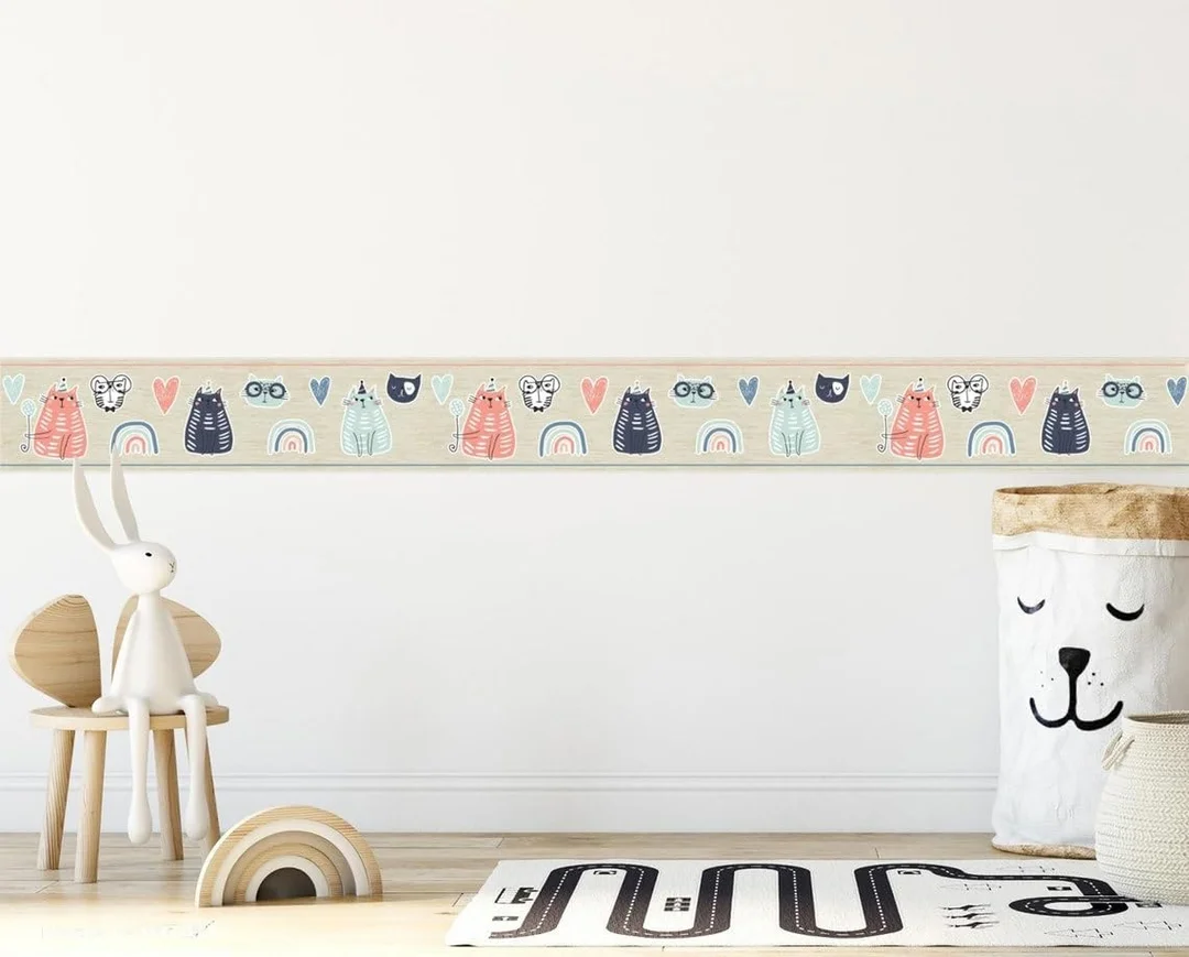 Peel and Stick Wallpaper Border MIRART | Playful Cats 5.25 inch Width 5 ft Length | Removable Cat Wall Border image 3