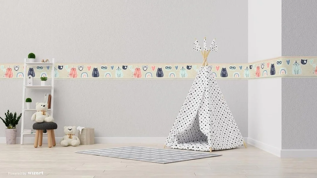 Peel and Stick Wallpaper Border MIRART | Playful Cats 5.25 inch Width 5 ft Length | Removable Cat Wall Border image 4