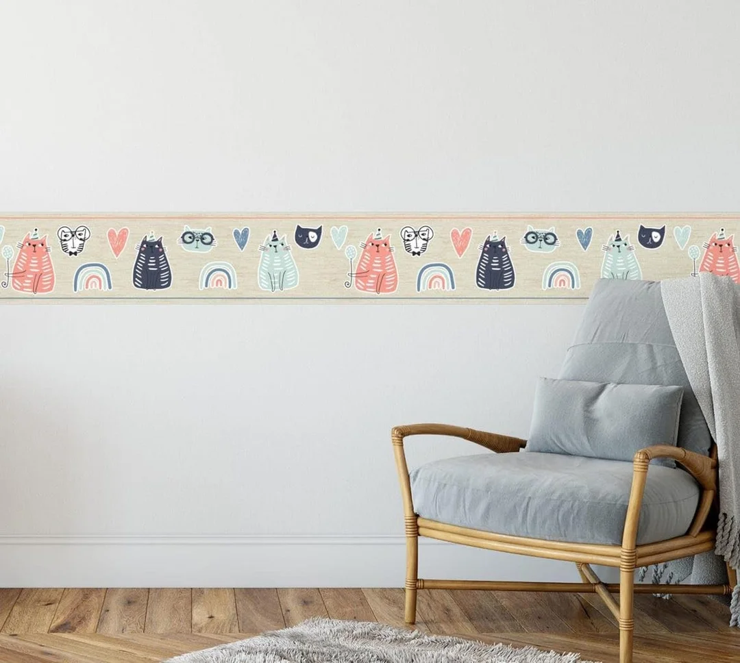 Peel and Stick Wallpaper Border MIRART | Playful Cats 5.25 inch Width 5 ft Length | Removable Cat Wall Border image 5