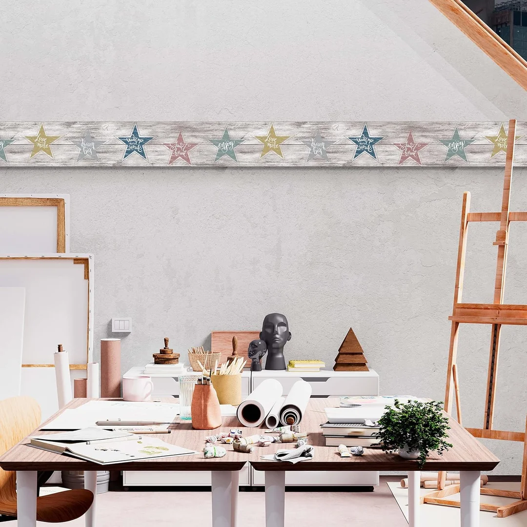 Peel and Stick Wallpaper Border MIRART Farmhouse Star Affirmation | 5.25 Inch Width 5 Ft Length Removable Wall Border for Room Decor image 1