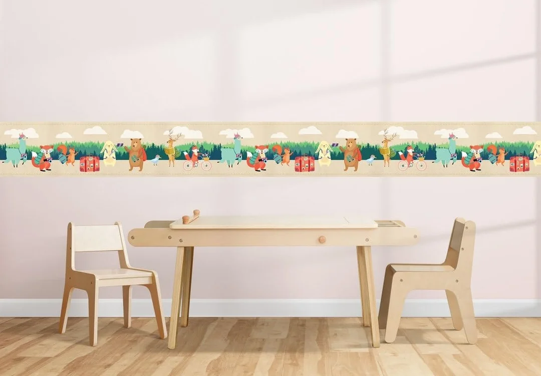 Forest Animals Peel and Stick Wallpaper Border | MIRART Jungle Safari Wall Decor for Kids Room Nursery Bedroom | 5.25” x 5 ft image 1