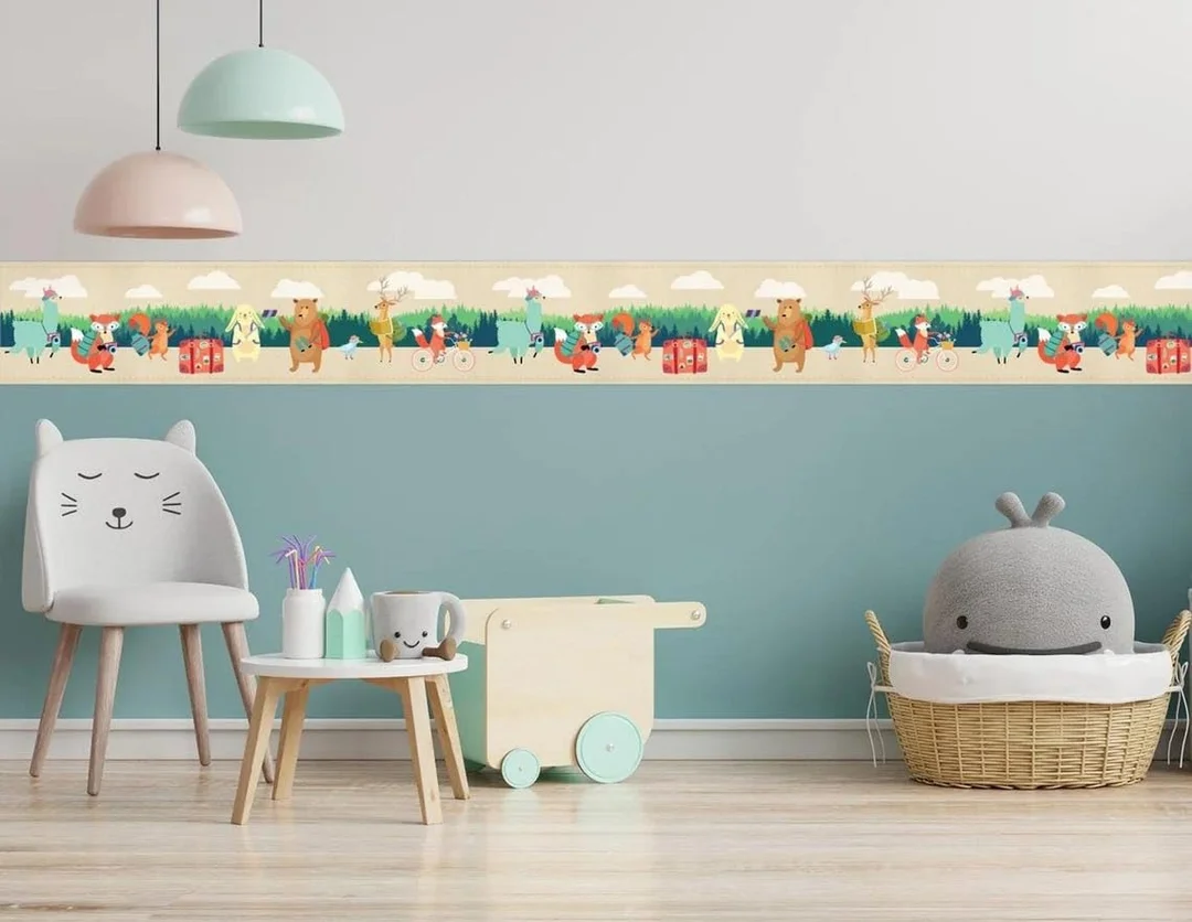 Forest Animals Peel and Stick Wallpaper Border | MIRART Jungle Safari Wall Decor for Kids Room Nursery Bedroom | 5.25” x 5 ft image 2