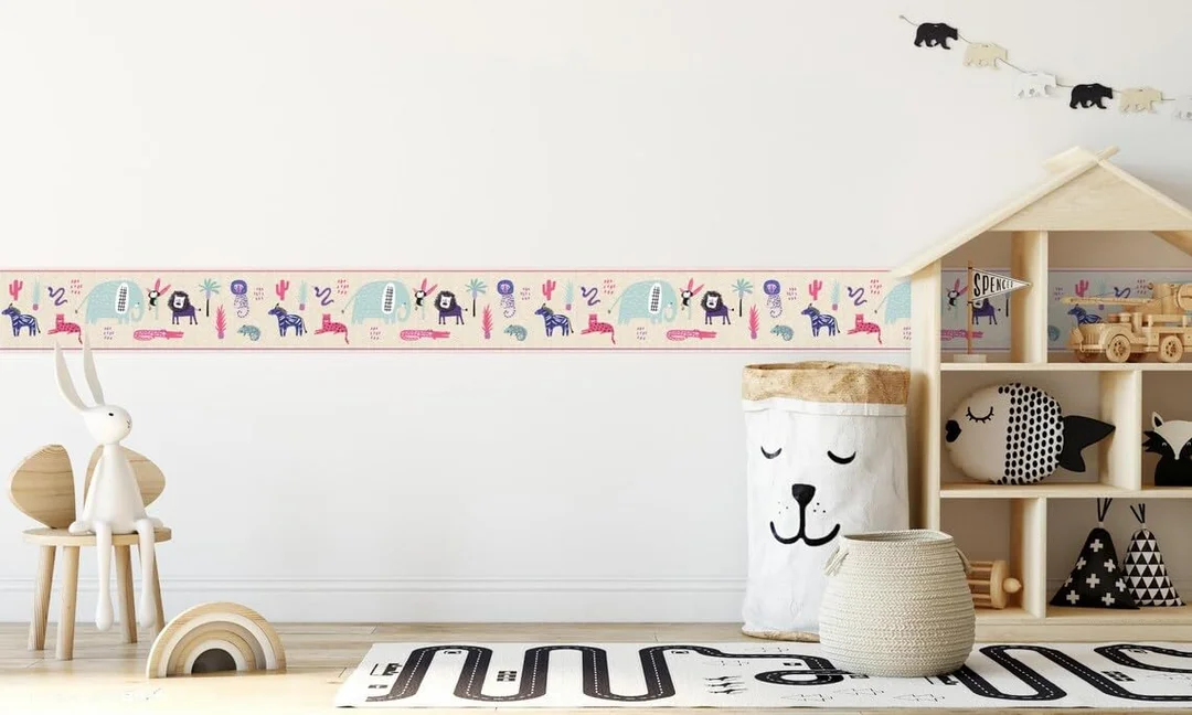 Peel and Stick Safari Animals Wallpaper Border by MIRART | Removable Jungle Animal Wall Border for Kids Room Nursery Decor image 1