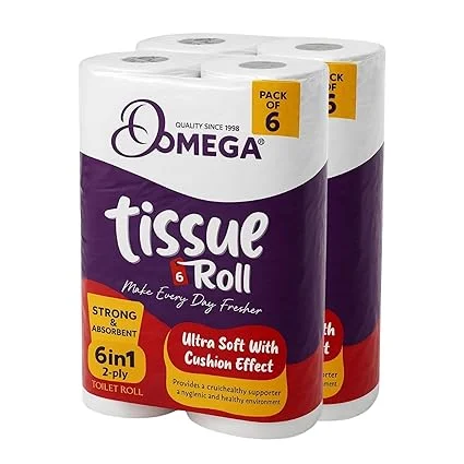 Omega Tissue Roll - 12 Rolls Pack | Ultra Soft Cushion Effect 2-Ply Toilet Paper | Strong & Absorbent Bathroom Tissue | 6-in-1, 3000 Pulls | Skin Friendly Toilet Paper image 1
