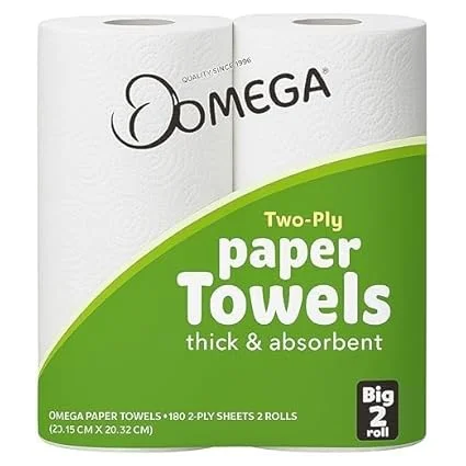Omega 2 Ply Paper Towels | Thick & Absorbent | 4 Big Rolls (90 Sheets Each) | 360 Sheets | Kitchen, Household Use | Cleaning Towels image 1