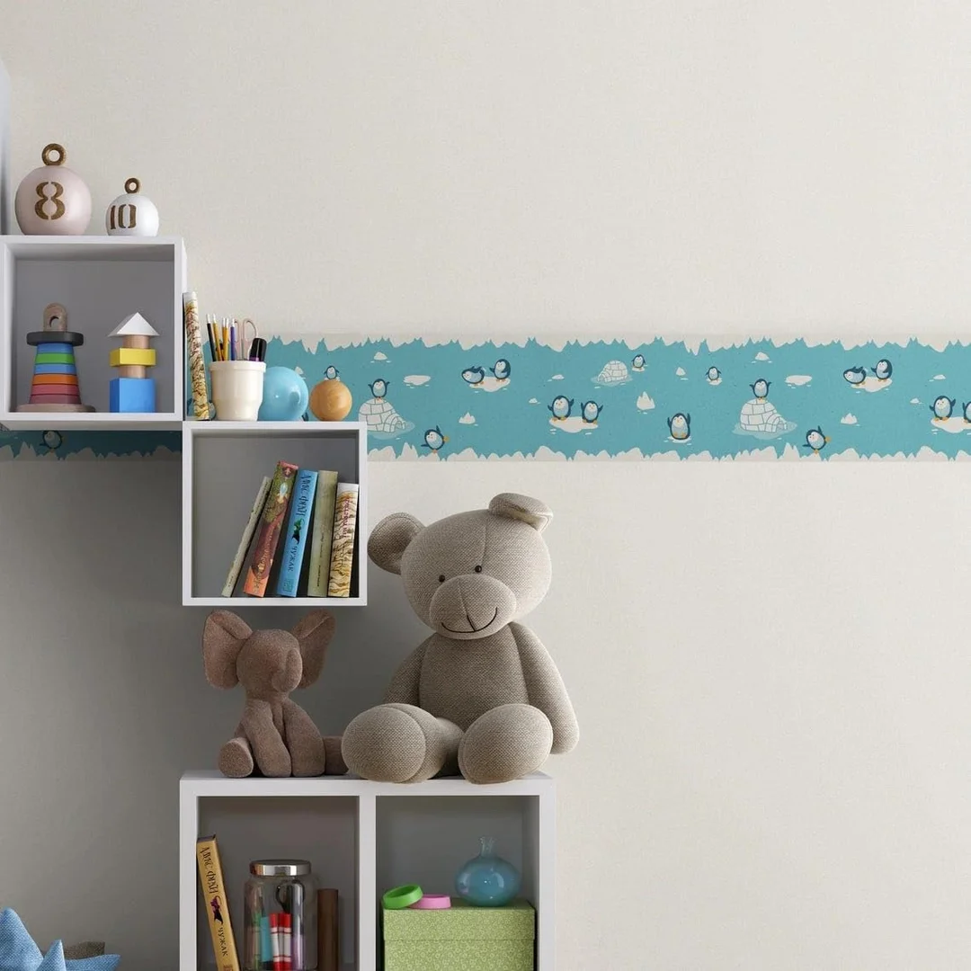 Playful Penguins Peel and Stick Wallpaper Border | MIRART | 5.25 inch Width 5 ft Length Removable Nursery Wall Border image 1
