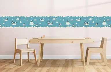 Playful Penguins Peel and Stick Wallpaper Border | MIRART | 5.25 inch Width 5 ft Length Removable Nursery Wall Border thumbnail 1