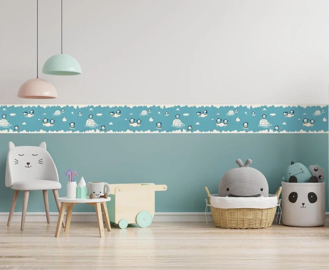 Playful Penguins Peel and Stick Wallpaper Border | MIRART | 5.25 inch Width 5 ft Length Removable Nursery Wall Border image 4