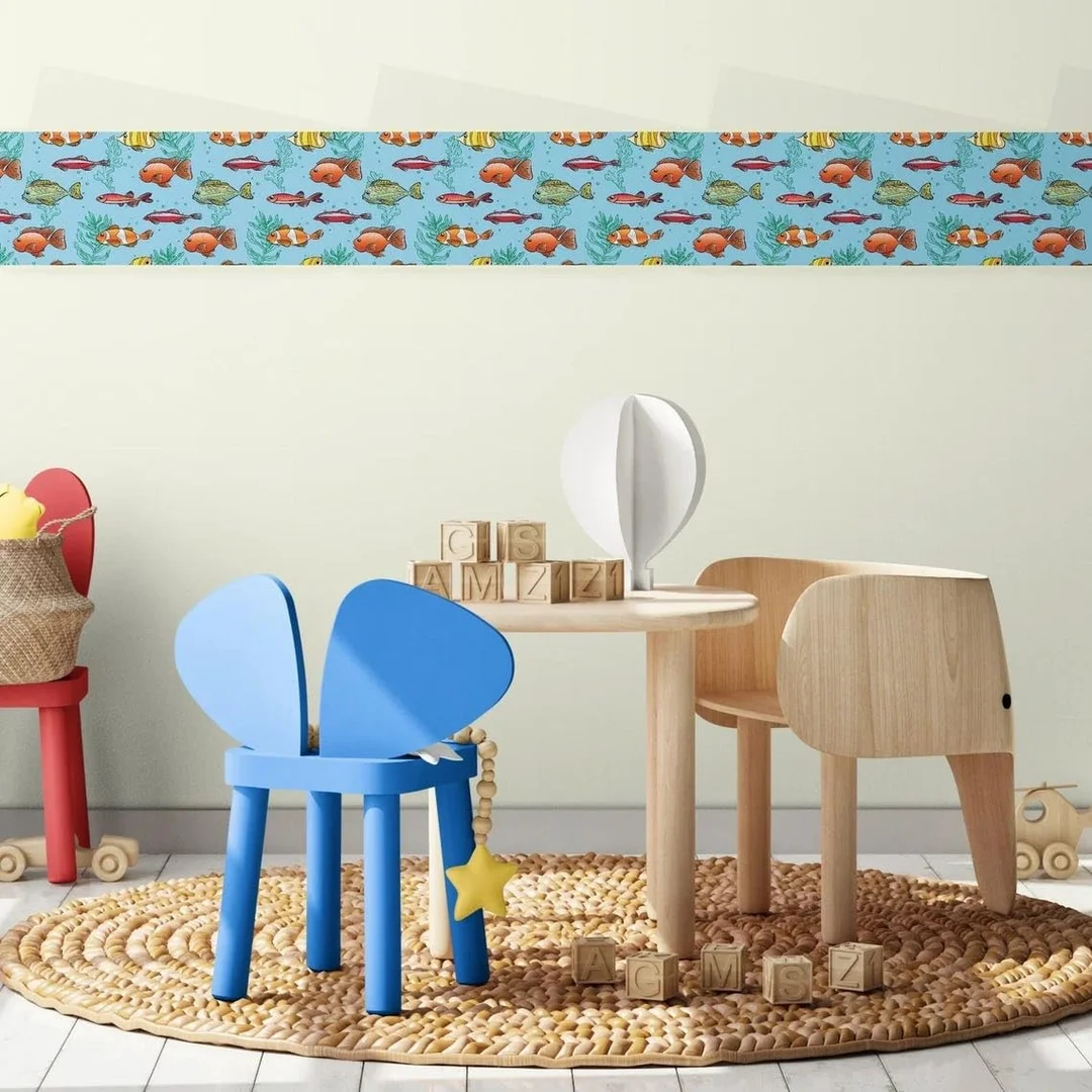 Peel and Stick Wallpaper Border Cartoon Fish by MIRART | 5.25 Inch Width | Removable Wall Border for Kids Room | Easy to Apply Peel and Stick image 1