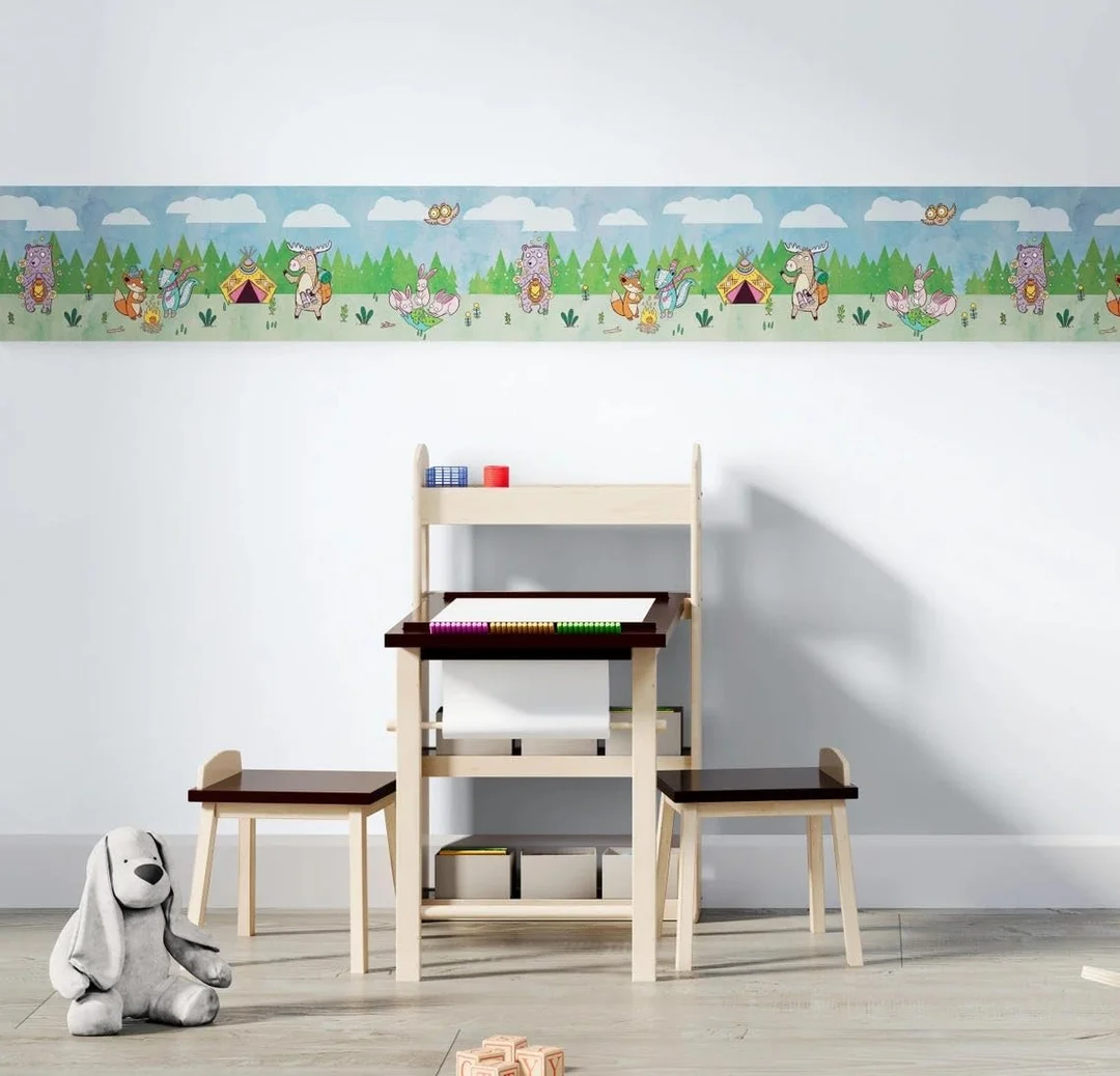 Peel and Stick Wallpaper Border | MIRART Camping Animals 5.25 inch Width by 5 ft Length | Removable Kids Room Nursery Wall Border image 1