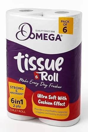 Omega Tissue Roll - 6 Rolls Pack | Ultra Soft Toilet Paper, 2-Ply Bathroom Tissue | Strong Absorbent Tissue Roll for Sensitive Skin image 1