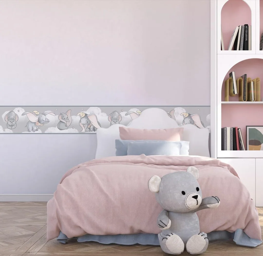 MIRART Siting & Flying Dumbo Baby Elephant Peel and Stick Wallpaper Border | 5.25 inch Width by 5 ft Length | Nursery Room Decor image 1