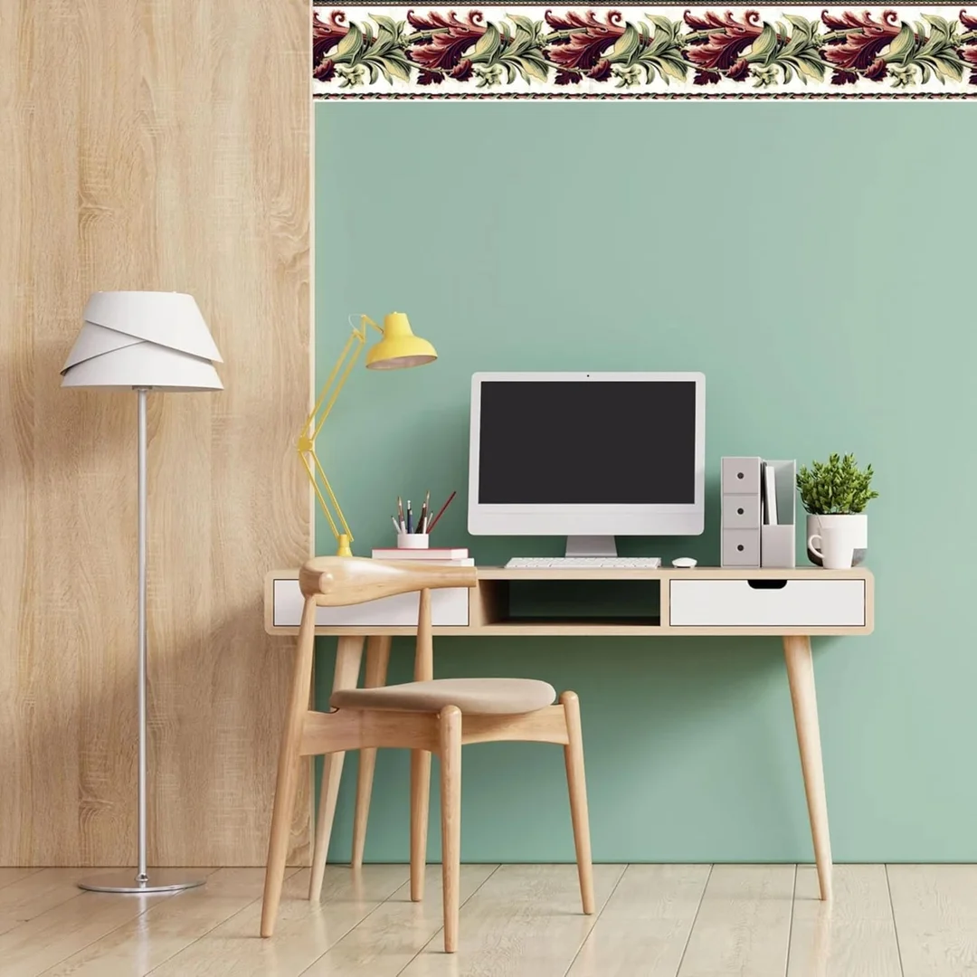 Peel and Stick Wallpaper Border | MIRART Albert Van Luit Scroll Leaf 5.25 inch Width by 5 ft Length | Removable Decorative Wallpaper Border for Living Room Walls image 1