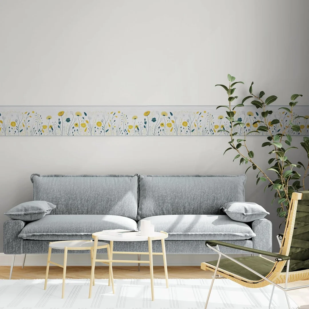 Peel and Stick Wallpaper Border Vibrant Yellow Flower by MIRART | Floral Removable Wallpaper Border for Walls 5.25 Inch Width 5 ft Length image 1