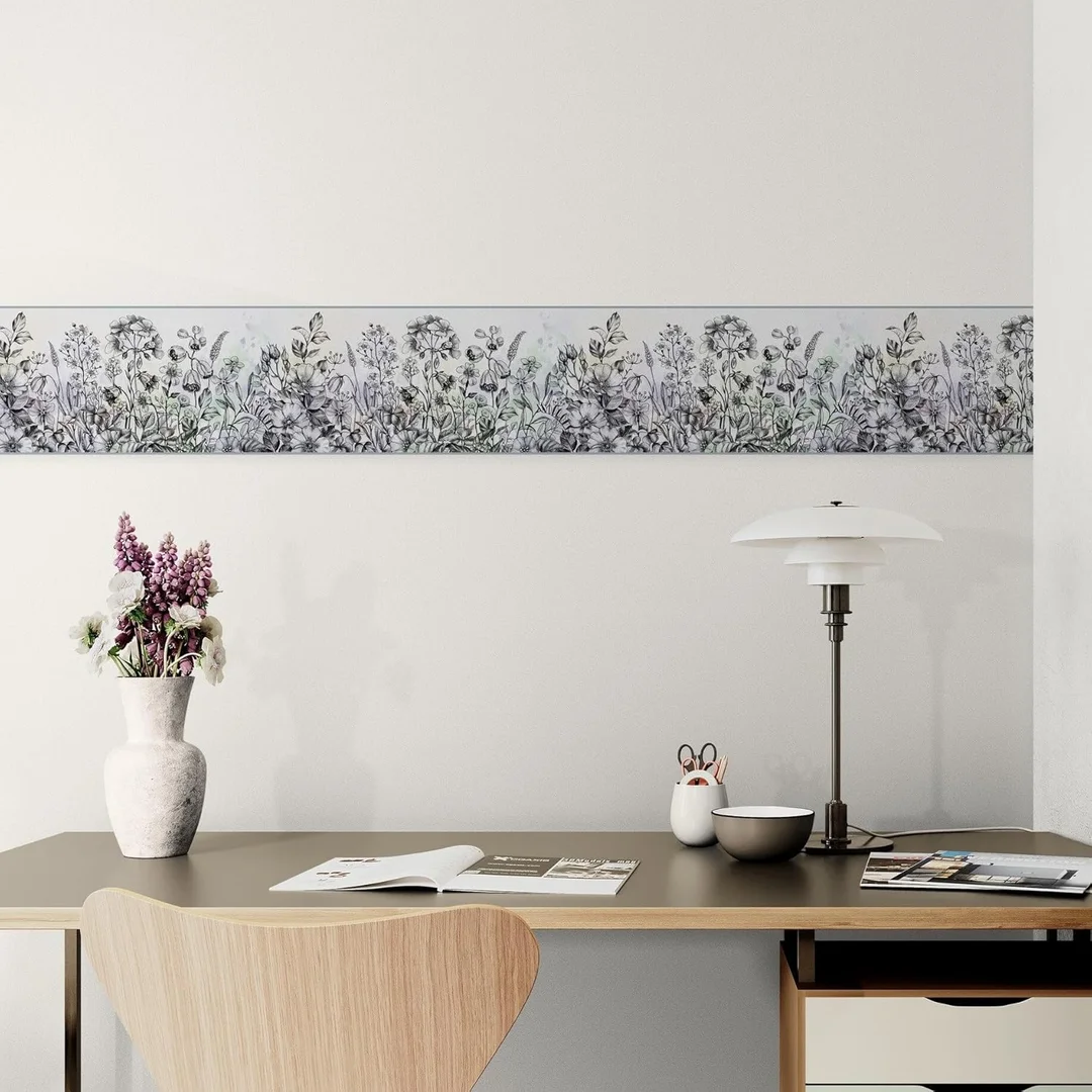 Peel and Stick Wallpaper Border | MIRART Wildflowers Flying Bees Butterflies | Hand Drawn 5.25 inch Width 5 ft Length Floral Decorative Wall Border image 1