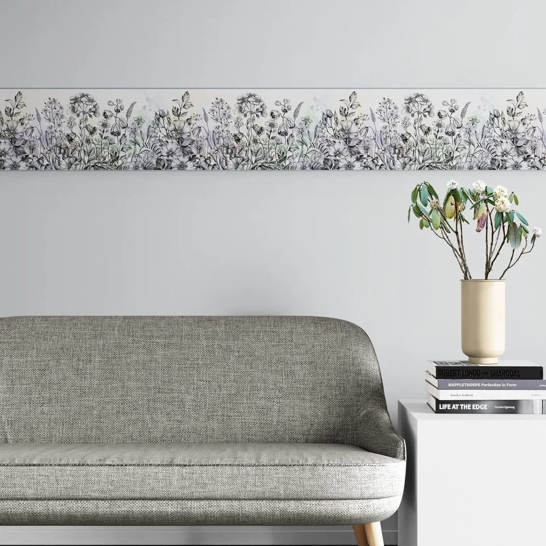 Peel and Stick Wallpaper Border | MIRART Wildflowers Flying Bees Butterflies | Hand Drawn 5.25 inch Width 5 ft Length Floral Decorative Wall Border image 2