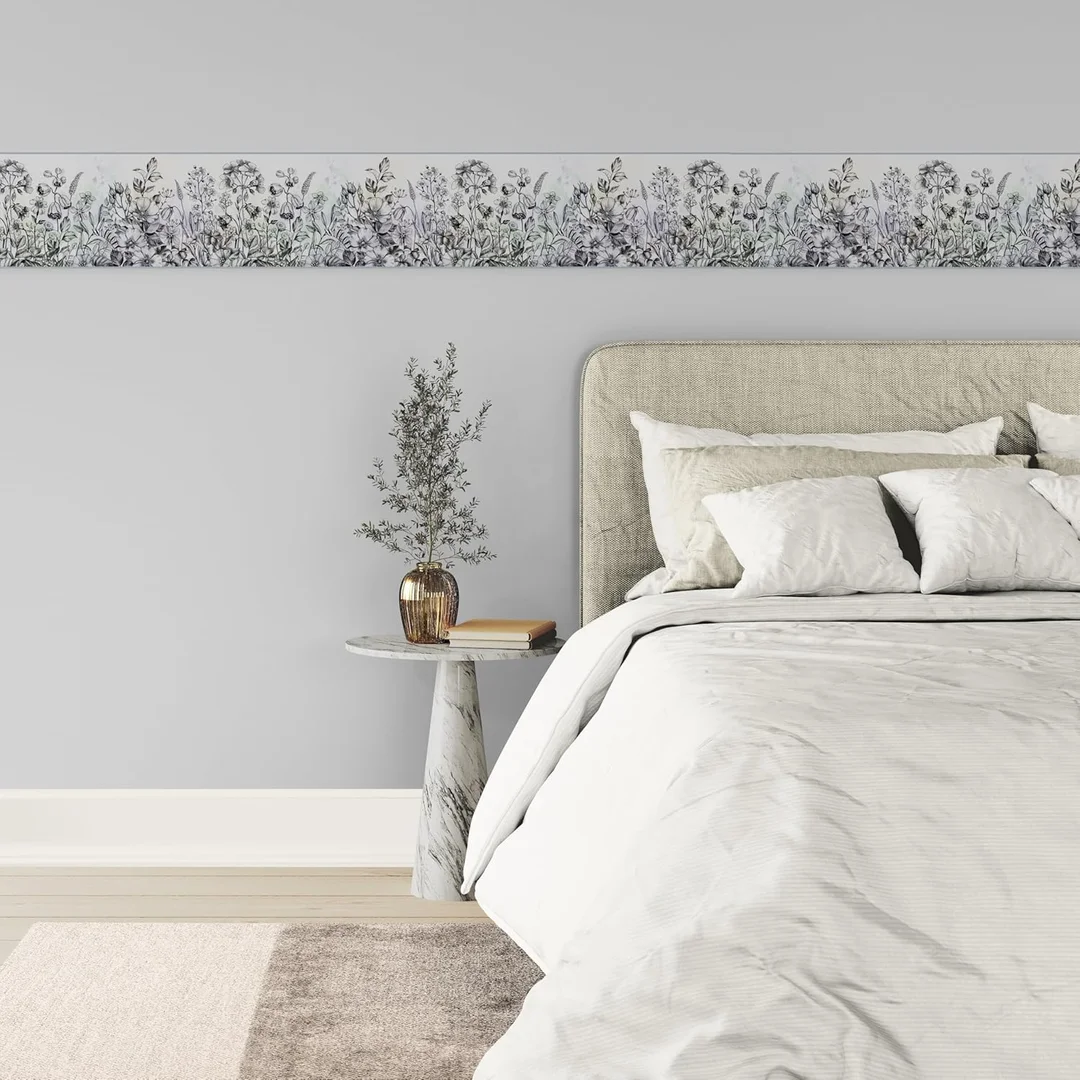 Peel and Stick Wallpaper Border | MIRART Wildflowers Flying Bees Butterflies | Hand Drawn 5.25 inch Width 5 ft Length Floral Decorative Wall Border image 3