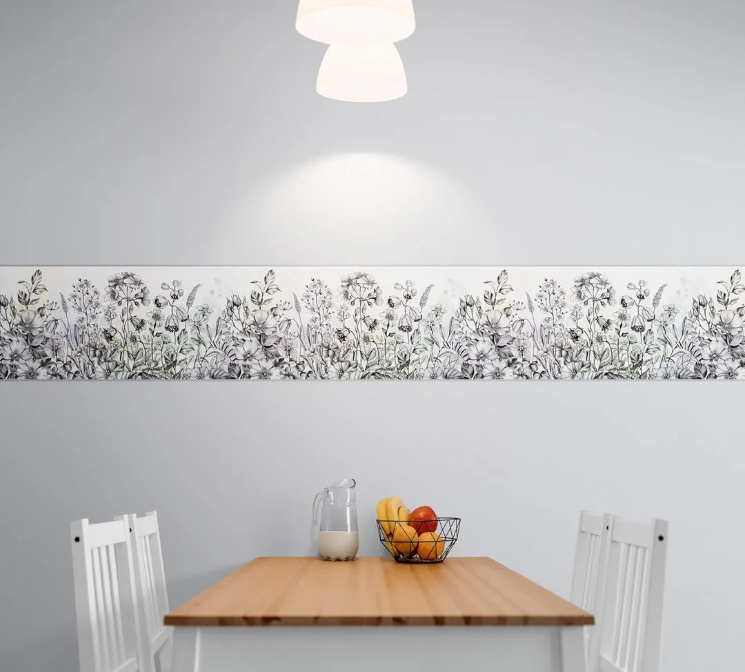 Peel and Stick Wallpaper Border | MIRART Wildflowers Flying Bees Butterflies | Hand Drawn 5.25 inch Width 5 ft Length Floral Decorative Wall Border image 4