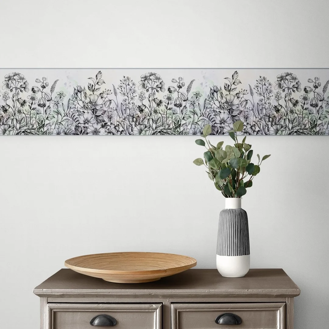 Peel and Stick Wallpaper Border | MIRART Wildflowers Flying Bees Butterflies | Hand Drawn 5.25 inch Width 5 ft Length Floral Decorative Wall Border image 5