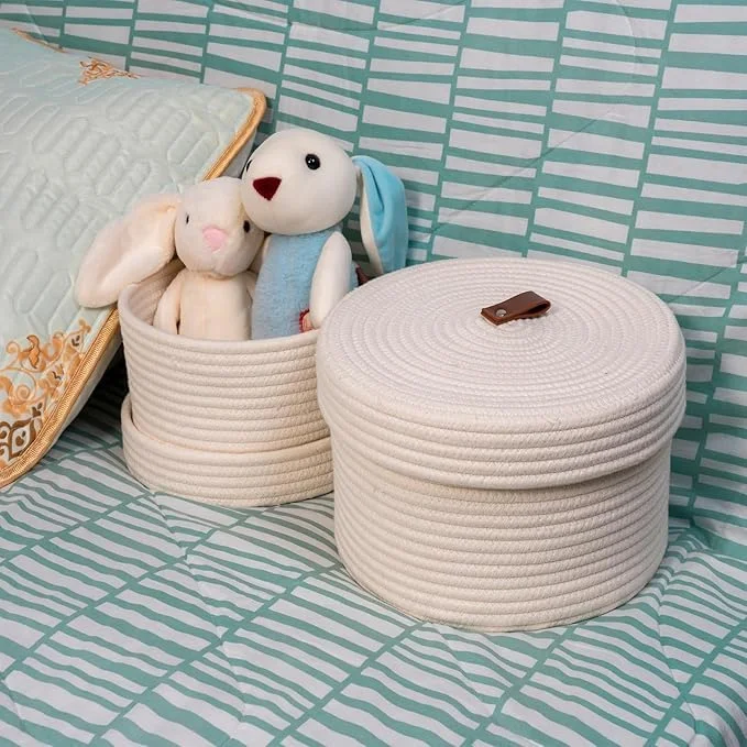 Cotton Rope Storage Basket Set | Round Woven Bins with Lid | Decorative Organizer for Toys Clothes Blankets | Neutral Cream Color Basket with Leather Handle | Eco-Friendly Storage Bins image 1