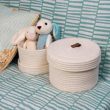 Cotton Rope Storage Basket Set | Round Woven Bins with Lid | Decorative Organizer for Toys Clothes Blankets | Neutral Cream Color Basket with Leather Handle | Eco-Friendly Storage Bins  thumbnail 0