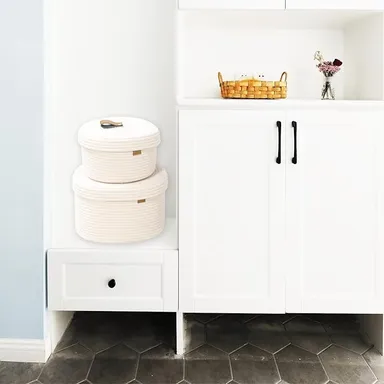 Cotton Rope Storage Basket Set | Round Woven Bins with Lid | Decorative Organizer for Toys Clothes Blankets | Neutral Cream Color Basket with Leather Handle | Eco-Friendly Storage Bins  thumbnail 2