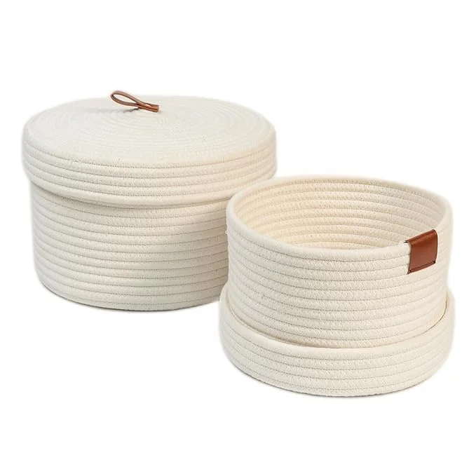 Cotton Rope Storage Basket Set | Round Woven Bins with Lid | Decorative Organizer for Toys Clothes Blankets | Neutral Cream Color Basket with Leather Handle | Eco-Friendly Storage Bins image 2