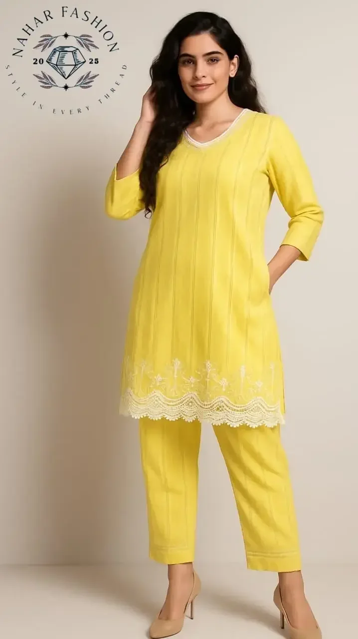 Lemon Yellow Embroidered Kurti Pant Set | Elegant Cotton Kurti Set for Women | Nahar Fashion image 1