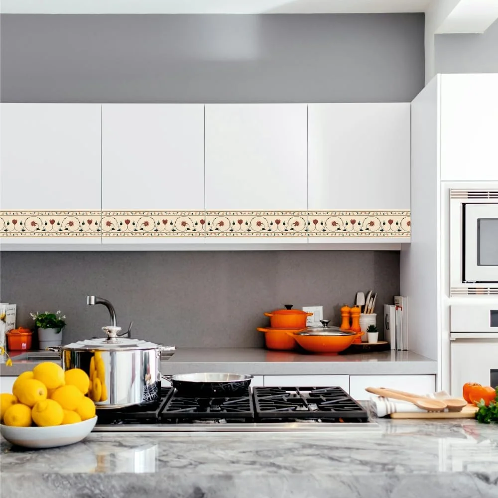 Waterproof Wall Border Sticker for Kitchen and Bathroom |Glossy PVC Peel and Stick |Floral Link Marble Pattern 3 inch x 20 ft| Home Decoration image 4