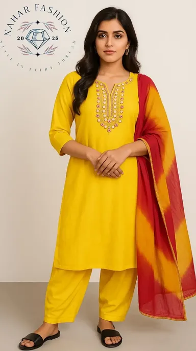 Yellow Embroidered Kurta Set with Dupatta | Nahar Fashion Store | Traditional Designer Kurta Set Online thumbnail 0