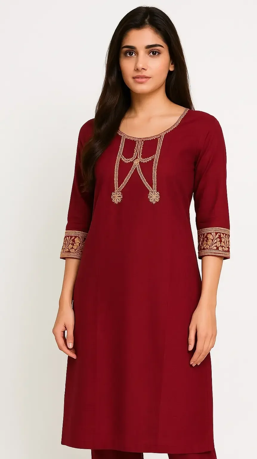 Maroon Embroidered Kurti | Nahar Fashion Store | Maroon Cotton Embroidered Kurti image 1