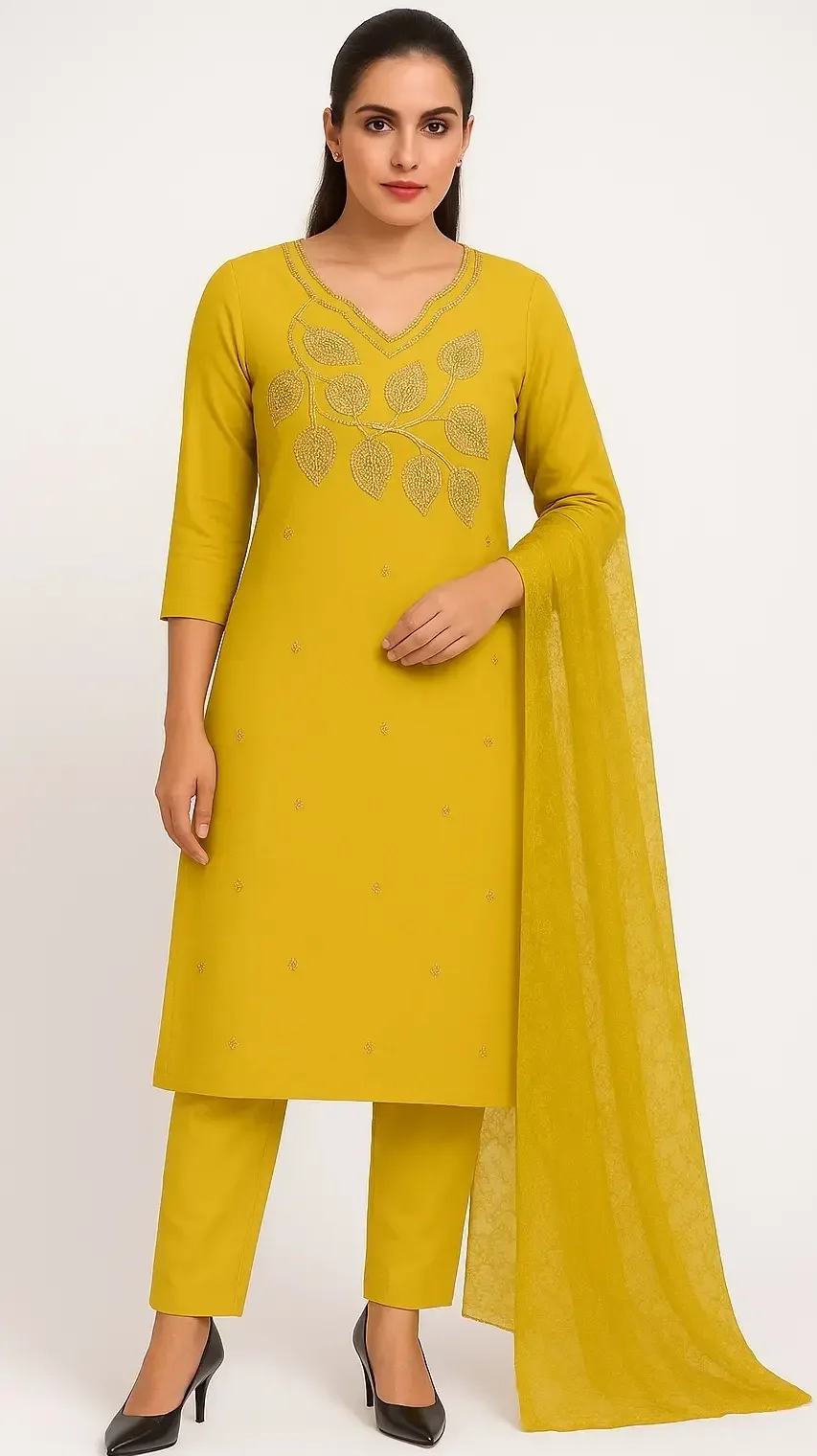 Mustard Yellow Embroidered Straight Kurti Pant Dupatta Set | Nahar Fashion Store | Festive Wear Women's Ethnic Kurti Set image 1