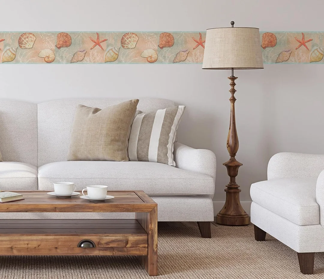 MIRART Seashells Peel and Stick Wallpaper Border |5.25 inch Width by 5 ft Length | Decorative Peel and Stick Wallpaper for Living Room, Bathroom, Home Improvement image 2