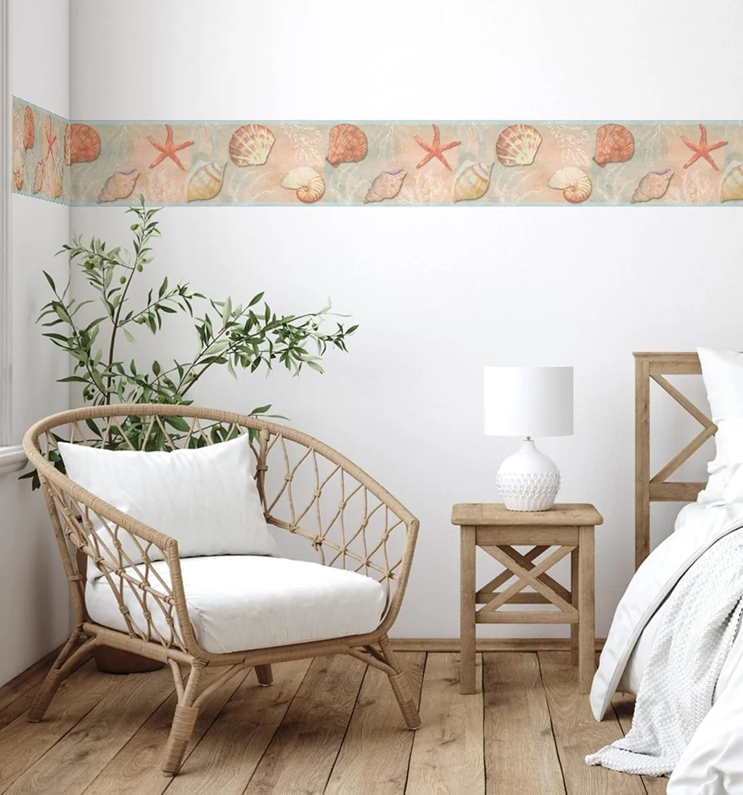 MIRART Seashells Peel and Stick Wallpaper Border |5.25 inch Width by 5 ft Length | Decorative Peel and Stick Wallpaper for Living Room, Bathroom, Home Improvement image 1