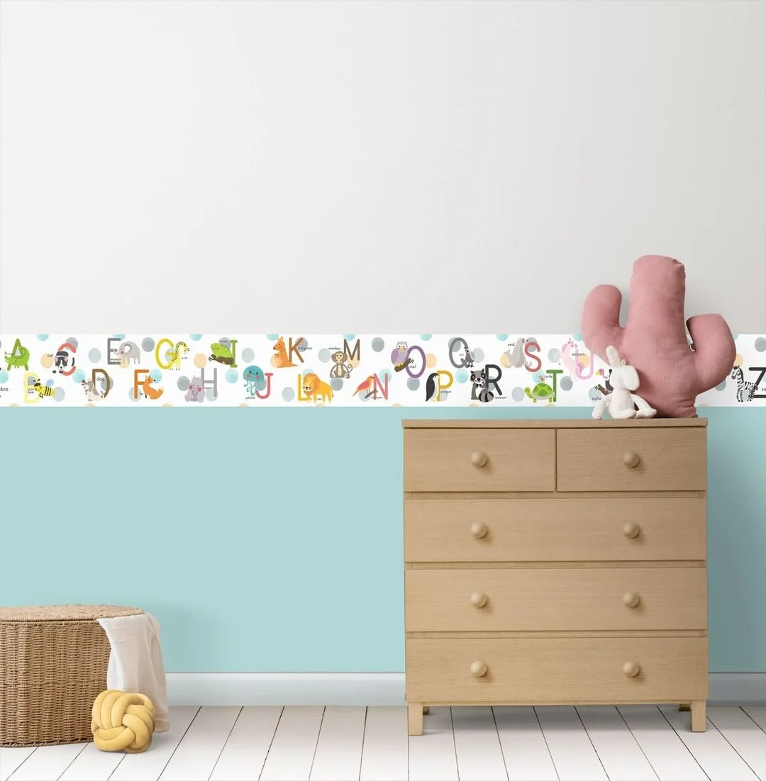 MIRART Animals Alphabet Peel and Stick Wallpaper Border for Kids | 5.25 inch x 5 ft Long, Animal| Themed Wall Border for Children’s Room image 1