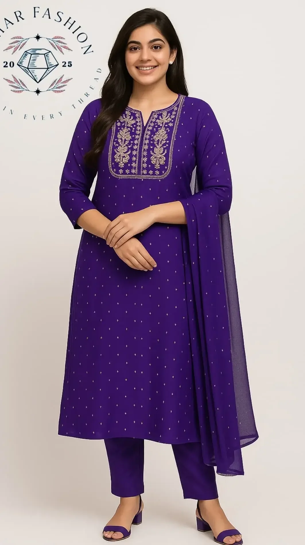 Purple Embroidered Kurti Set | Nahar Fashion Store | Buy Purple Kurti Set with Dupatta Online image 1