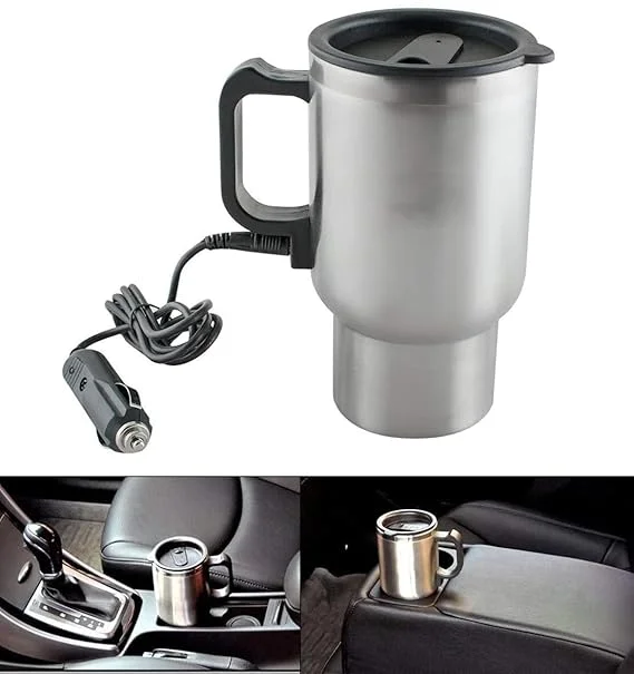 Premium Stainless Steel 12V Car Charging Electric Kettle Mug |Travel Heated Coffee |Tea Thermos Cup for Vehicles, Silver | Auto Hot Beverage Warmer India image 2