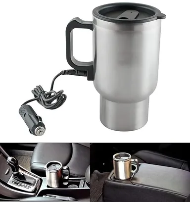 Premium Stainless Steel 12V Car Charging Electric Kettle Mug |Travel Heated Coffee |Tea Thermos Cup for Vehicles, Silver | Auto Hot Beverage Warmer India thumbnail 1