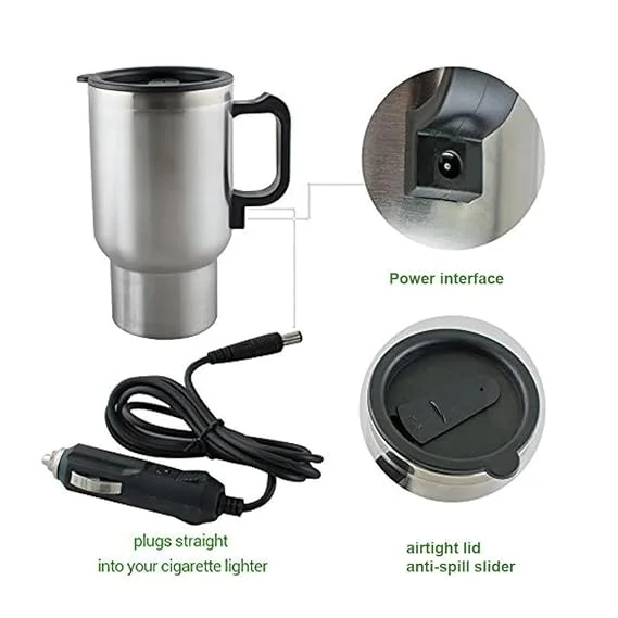 Premium Stainless Steel 12V Car Charging Electric Kettle Mug |Travel Heated Coffee |Tea Thermos Cup for Vehicles, Silver | Auto Hot Beverage Warmer India image 4