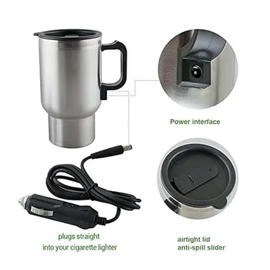 Premium Stainless Steel 12V Car Charging Electric Kettle Mug |Travel Heated Coffee |Tea Thermos Cup for Vehicles, Silver | Auto Hot Beverage Warmer India thumbnail 3