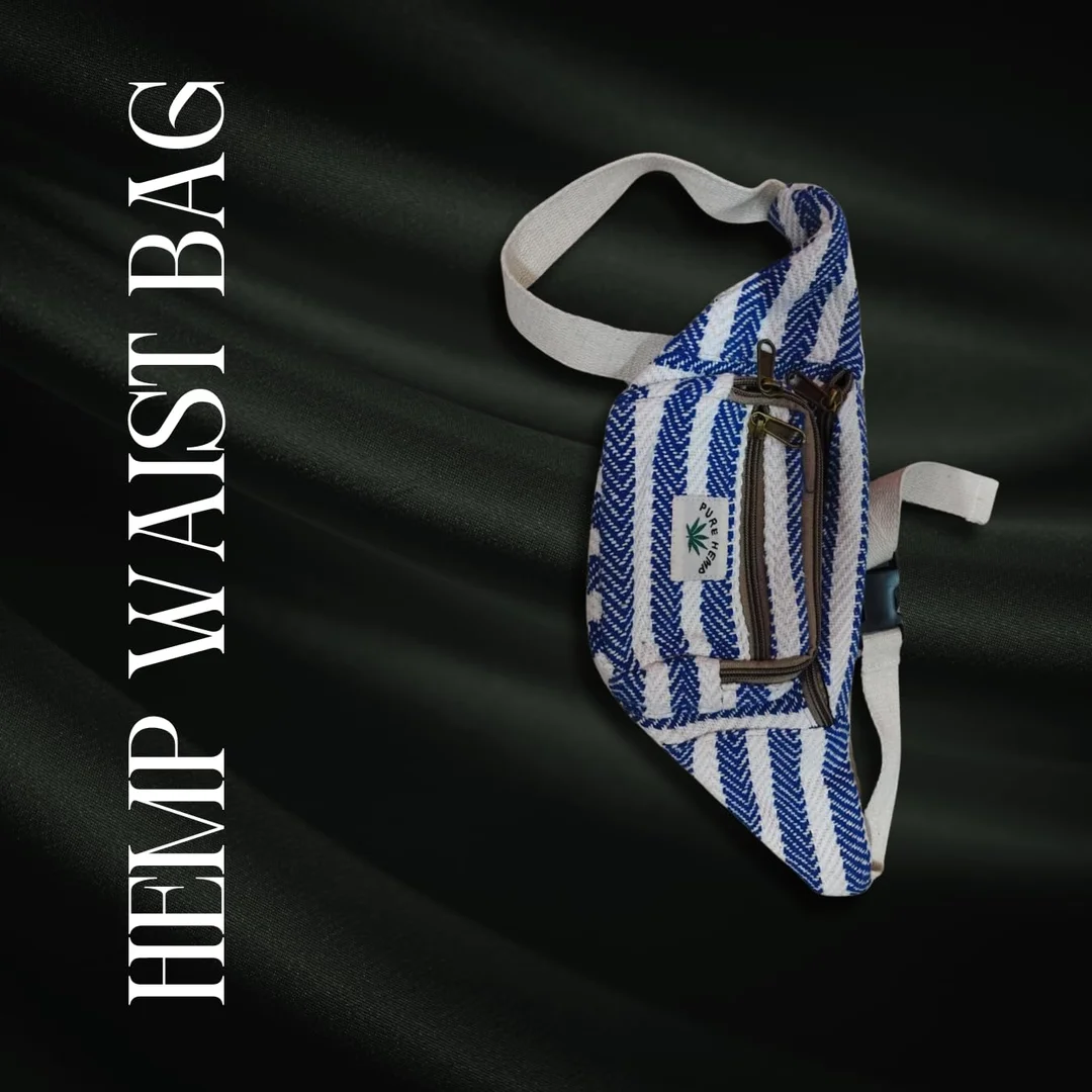 Himalayan Hemp Fanny Pack | FIBERGOLD Unisex Cotton Money Belt | Travel Festival Waist Bag with Large Compartment Blue Hip Bag image 2