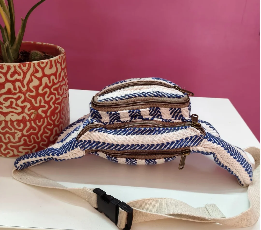 Himalayan Hemp Fanny Pack | FIBERGOLD Unisex Cotton Money Belt | Travel Festival Waist Bag with Large Compartment Blue Hip Bag image 1