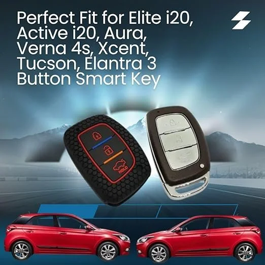 Silicone Key Cover for Hyundai Smart Key | Elite I20 Tucson Elantra 3 Button Smart Key Push Start | Black with Keyring | Fly Master image 2